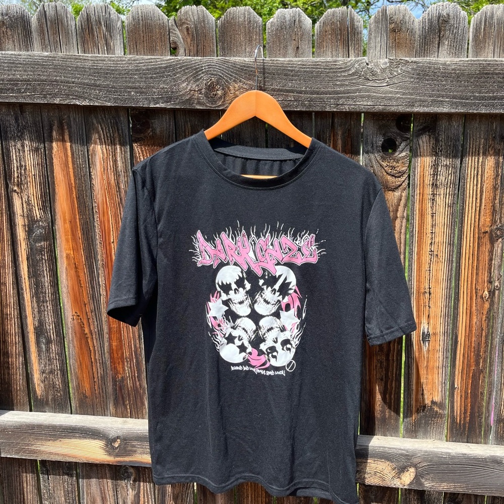 Dark Gaze • Black Graphic Tee with Pink Accents